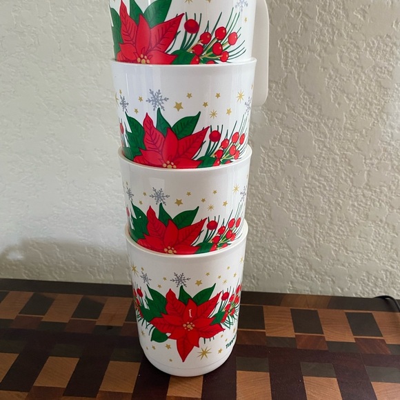 4 Tupperware Ilumina Poinsettia Festive Holiday Stackable Mugs Red White 350ml - Picture 14 of 14